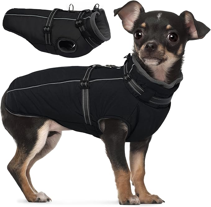 PUMYPOREITY Winter Fleece Coat for Small Dogs, Reflective Dog Jacket with Harness Built in, Waterproof Warm Coat for Dogs, Cold Weather Coats for Outdoor, Therma Windproof Pet Snowsuit, Black, S