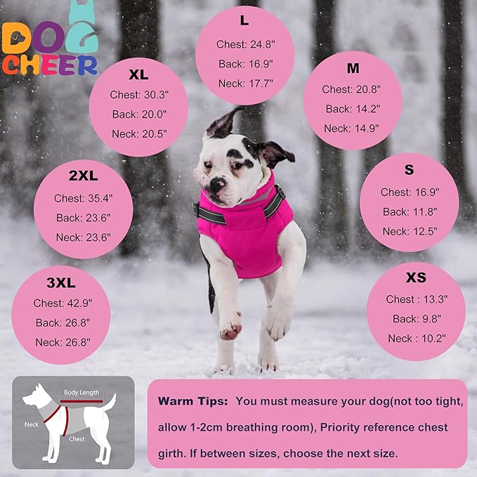Dogcheer Dog Coat with Harness, Waterproof Warm Dog Winter Jacket with Pockets, Reflective Pet Fleece Jacket Turtleneck Snowsuit for Small Medium Large Dogs - Pink, L