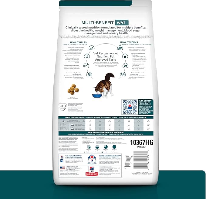 Hill's Prescription Diet w/d Multi-Benefit Digestive/Weight/Glucose/Urinary Management Chicken Flavor Dry Cat Food, Veterinary Diet, 4 lb. Bag