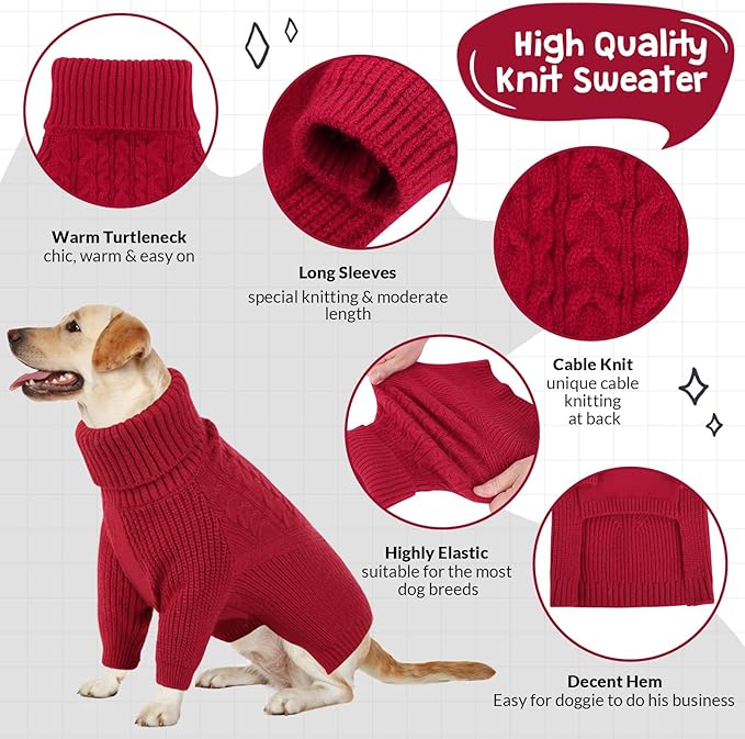 Queenmore Dog Sweater, Puppy Sweater for Small Dogs,Warm Winter Fall Dog Sweaters for Dog Girls Boys, Solid Turtleneck Knit Sweater for Large Medium Dogs,Long Sleeves Christmas Dog Sweater Red,XL