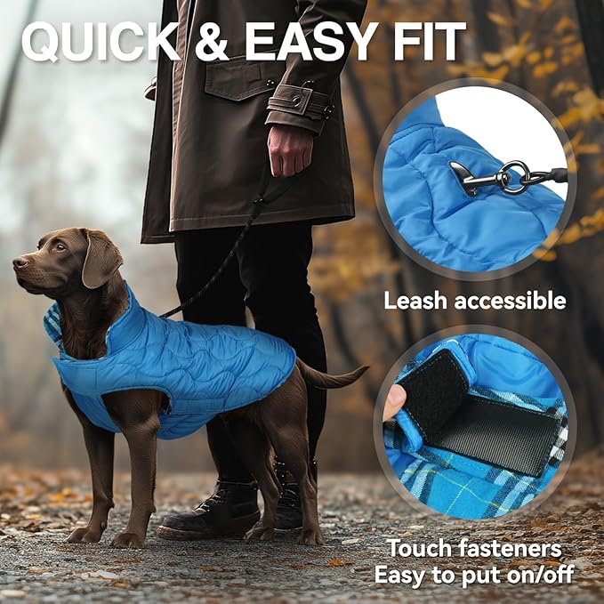 VIVAGLORY Softjoy Dog Coat, Dog Jacket for Winter & Christmas, Coat with Harness Hole & Velcro Closure, Reversible Plaid Checkered Warm Fluffy Heavy Duty for Puppy, XS, Blue