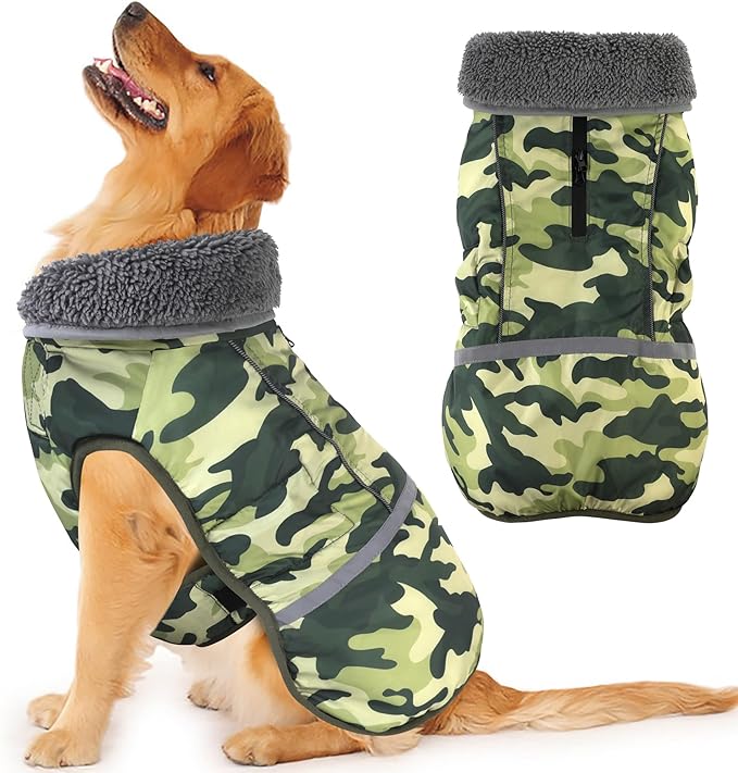 Dogcheer Warm Dog Coat, Waterproof Dog Jacket Reflective Adjustable Puppy Winter Coat with Buckle, Christmas Pet Snow Jacket Turtleneck Fleece Sweater for Small Medium Large Dogs- Camo Green, M