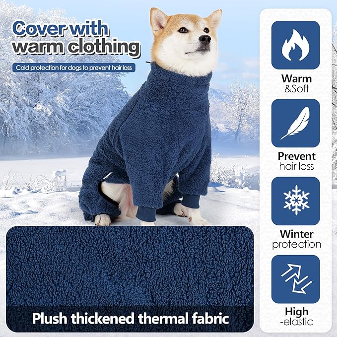 Dog Winter Coat, Warm Fleece Dog Jacket, Windproof Pullover Jumpsuit, Full Body Pajamas Onesie, Cold Weather Clothes for Medium Large Dog(Small,NavyBlue)