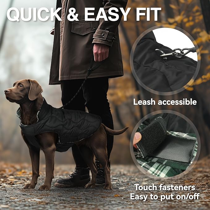 VIVAGLORY Softjoy Dog Coat, Dog Jacket for Winter & Christmas, Coat with Harness Hole & Velcro Closure, Reversible Plaid Checkered Warm Fluffy Heavy Duty for Puppy, M, Green