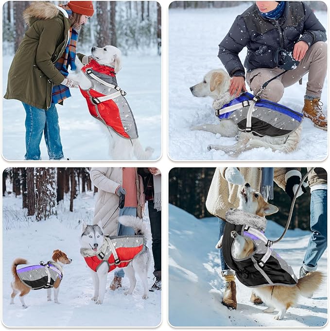 SlowTon Dog Jacket with Harness Built in - Waterproof Fleece Winter Warm Dog Coats for Small Medium Dogs, Reflective Adjustable Furry Puppy Vest Clothes for Outdoor Walking (Blue,XS)