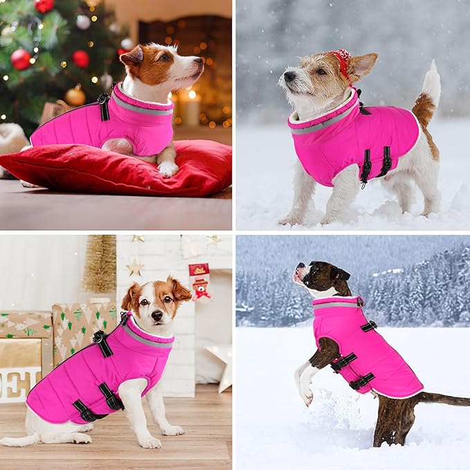 Dogcheer Dog Coat, Waterproof Dog Jacket with Harness, Reflective Adjustable Puppy Winter Coat with Zipper, Christmas Pet Snow Jacket Clothes for Small Medium Large Dogs - Pink S