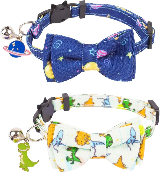 ADOGGYGO Cat Collar Breakaway with Cute Bow Tie Bell, 2 Pack Kitten Collar with Removable Bowtie, Universe Dinosaur Bowtie Collar for Cats (7.5"- 10.5")
