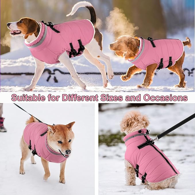 Dogcheer Dog Coat with Harness, Waterproof Dog Jacket Adjustable Winter Coat with Zipper, Christmas Puppy Snow Jacket Fleece Sweater for Small Medium Large Dogs - Light Pink 2XL
