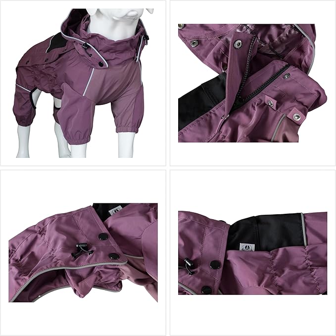 LOVELONGLONG Waterproof Dog Raincoat with Removable Hood – Outdoor Full Body Dog Jacket, Windproof Snowproof Shell Suit – All Season Pet Rain Gear Plum Purple XXS