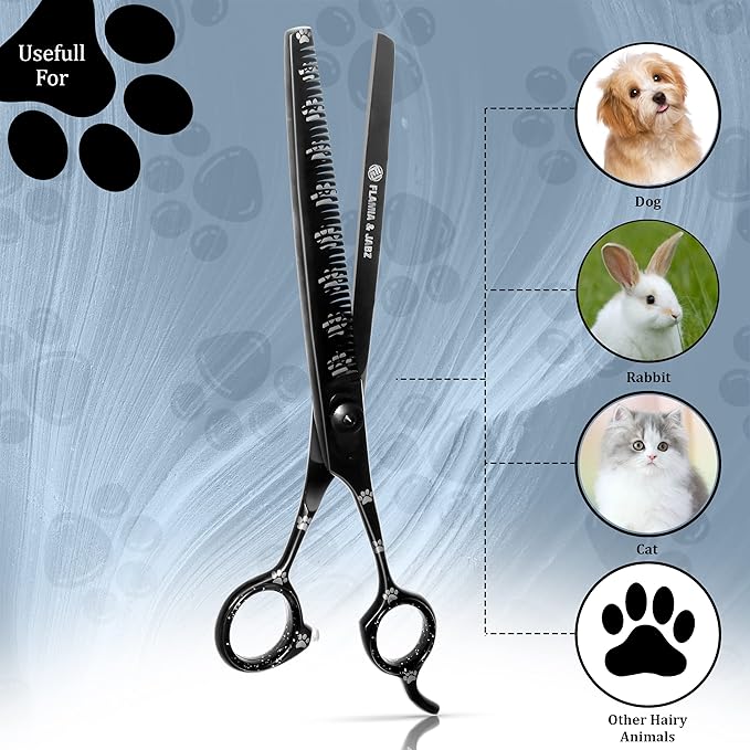 Professional Dog Grooming Thinning Scissors/Blender Shears with Paw Prints for Dogs, Cats & Pets (Right Handed, Black, Stainless Steel 8 Inch)