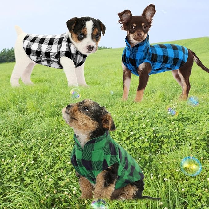 KAMA BRIDAL 3 Pack Spring Autumn Winter Coat Pullover Fleece Vest for Cats Small and Medium Dogs - Thin Sweater Blue Green Black Plaid (L)