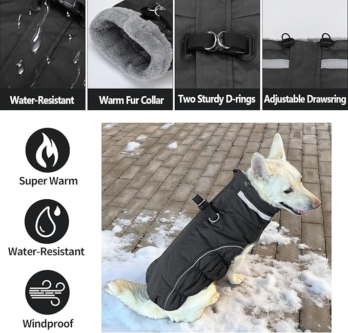 Malier Dog Coat, Reflective Dog Jacket Waterproof Windproof Puppy Cold Weather Coats with Harness Built in, Winter Extra Warm Pet Coat Fleece Vest for Small Large Pets and Puppy (Black, X-Small)