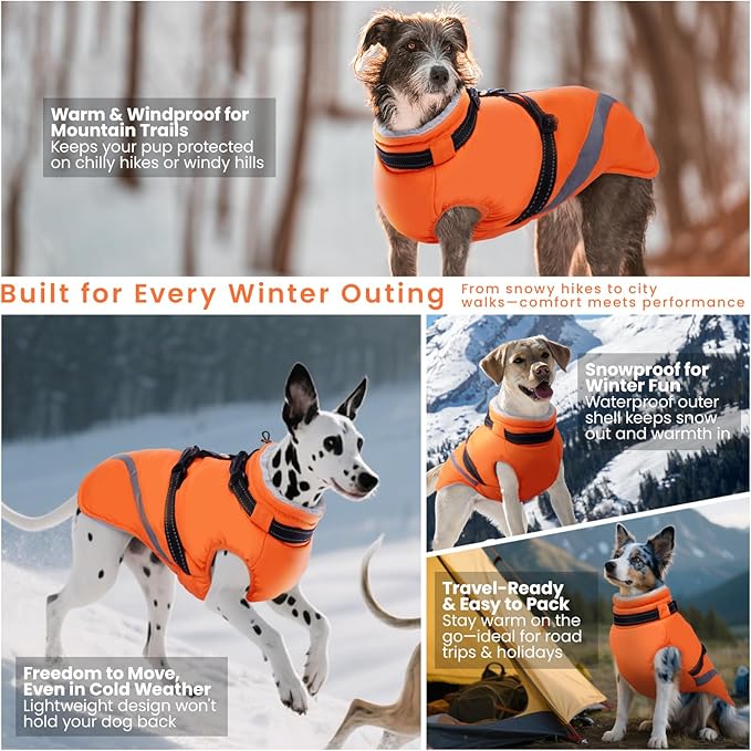 QBLEEV Dog Coat for Small Dogs, Waterproof Dog Jacket with Built-in Harness, Puppy Cold Weather Coats Reflective Vest, Windproof Warm Fleece Snowsuit Winter Coat for Chihuahua, Yorkie, Orange, XS