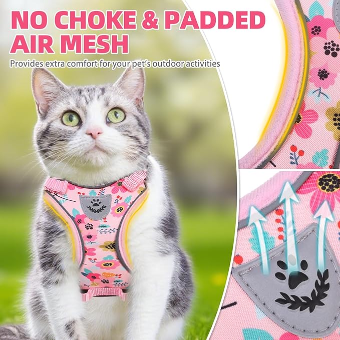 PUPTECK Cat Harness and Leash Set Escape Proof Reflective Cat Walking Harness Adjustable Soft Breathable Mesh Vest for Small Pets, Pink Flowers, M
