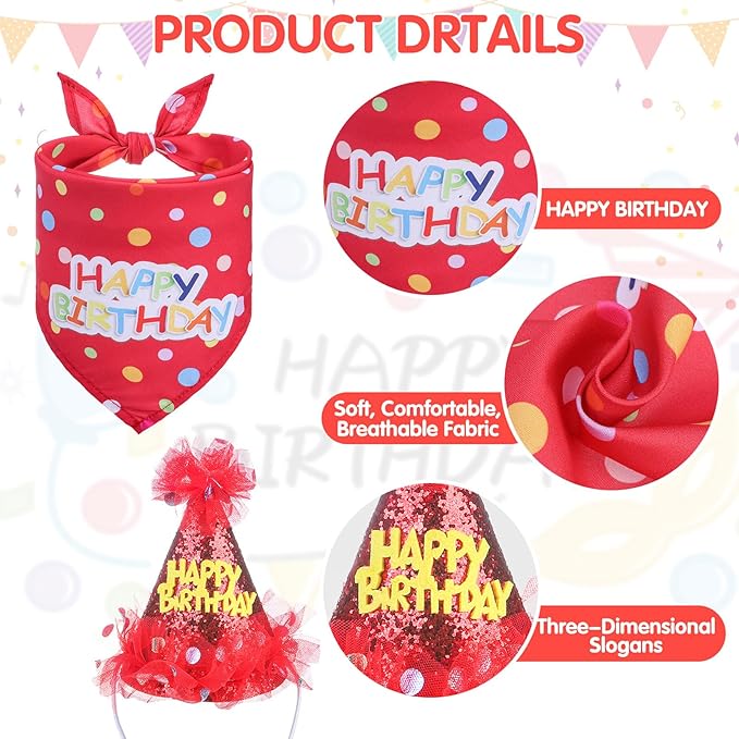 SCENEREAL Dog Birthday Bandana with Hat and Dress Girl Set, Puppy Birthday Party Supplies, Cute Tutu Skirt Red Outfit for Small Medium Large Dogs