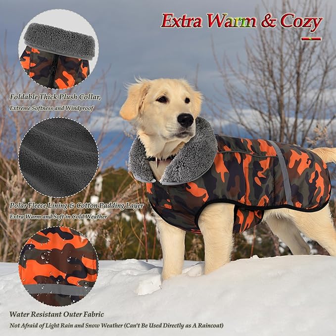 Dogcheer Warm Dog Coat, Waterproof Dog Jacket Christmas Puppy Winter Coat with Buckle, Reflective Adjustable Pet Snow Jacket Turtleneck Fleece Sweater for Small Medium Large Dogs - Orange Camo, 2XL