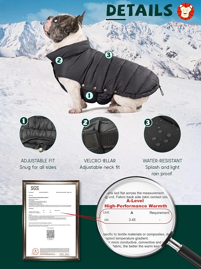 SPACE LION Dog Puffer Jacket, Down Winter Coat, Durable Outdoor Coat for Cold and Windy Conditions, Waterproof, Lightweight Jacket, Adjustable Fit for Small, Medium, Large Dogs(BlackGrey,14/L)