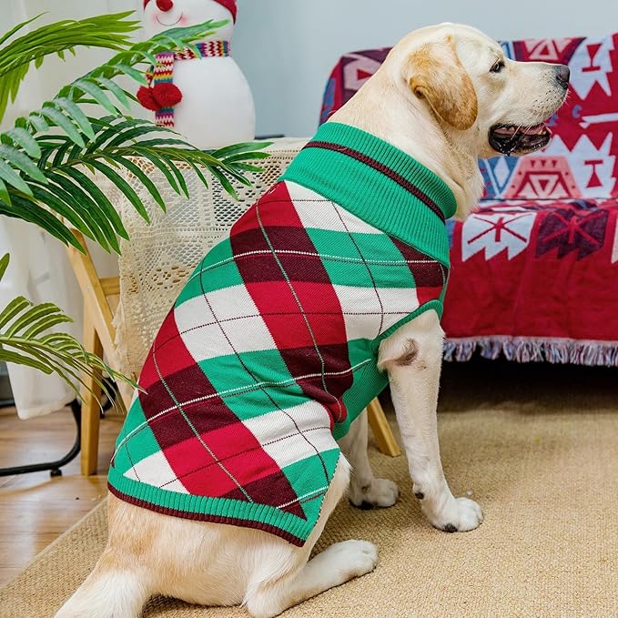 KOOLTAIL Dog Christmas Sweater Pet Knitted Clothes - Classic Plaid Pull Over Turtleneck Christmas Dog with Leash Hole Warm Dogs Winter Clothing for Small Medium Dogs Cats Puppy (Green & Red L)