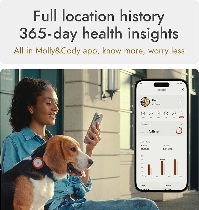 Molly&Cody GPS + Bluetooth Pet Tracker for Cats & Dogs – Real‑Time Tracking, Virtual Fence, IP67 Waterproof, Up to 60‑Day Battery, Health Monitoring, iOS/Android – 3‑Month Subscription Included (Red)