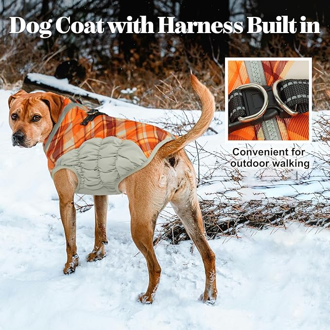 Lelepet Warm Dog Winter Coat Dog Coats for Small Dogs Waterproof Dogs Jacket with Harness Built in Reflective Cold Weather Coats Windproof Zip-Up Winter Fleece Vest Snowsuit Yorkie Orange Plaid S