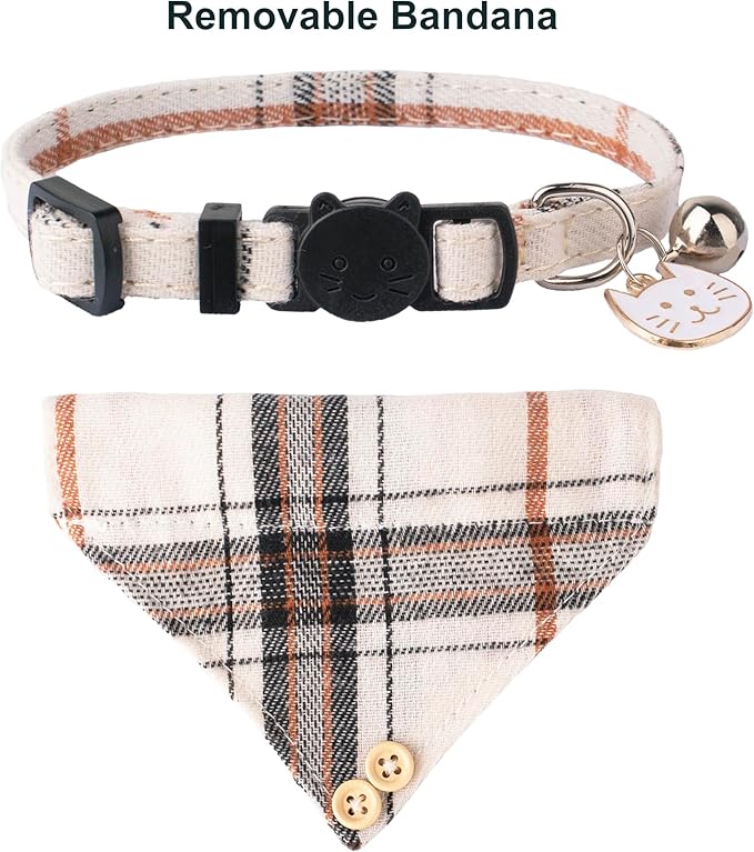 ADOGGYGO Plaid Cat Collar with Bow Bandana - 2 Pack Breakaway Kitten Collar with Removable Bowtie Bell Plaid Cat Bowtie Bandana Collars for Cats Kittens (Beige)