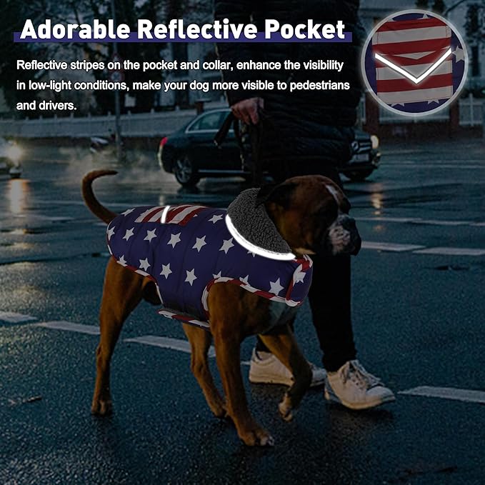 Dog Coat, Waterproof Dog Winter Jacket with Pocket, Reflective Adjustable Pet Snow Vest, Warm Cozy Fleece Sweater for Small Medium Extra Large Dogs - American Flag, L