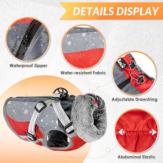 SlowTon Dog Jacket with Harness Built in - Waterproof Fleece Winter Warm Dog Coats for Small Medium Dogs, Reflective Adjustable Furry Puppy Vest Clothes for Outdoor Walking (Red & Black,XL)