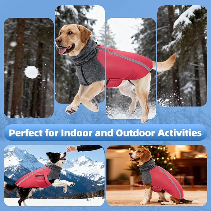 SlowTon Winter Dog Coat, Warm Polar Fleece Lining Doggie Outdoor Jacket with Turtleneck Scarf Reflective Stripe Adjustable Waterproof Windproof Puppy Vest Soft Pet Outfits (XXL,Red)