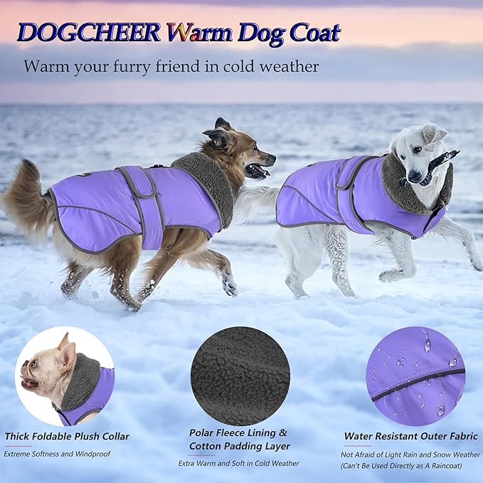 Dogcheer Dog Coat, Waterproof Dog Jacket Reflective Pet Winter Coat with Adjustable Hook & Loop, Christmas Puppy Fleece Jacket Warm Turtleneck Snowsuit for Small Medium Large Dogs - Taro Purple, 3XL