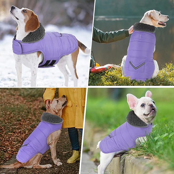 Dog Coat, Waterproof Dog Winter Jacket with Pocket, Reflective Adjustable Pet Snow Vest, Warm Cozy Fleece Sweater for Small Medium Extra Large Dogs - Light Purple, M