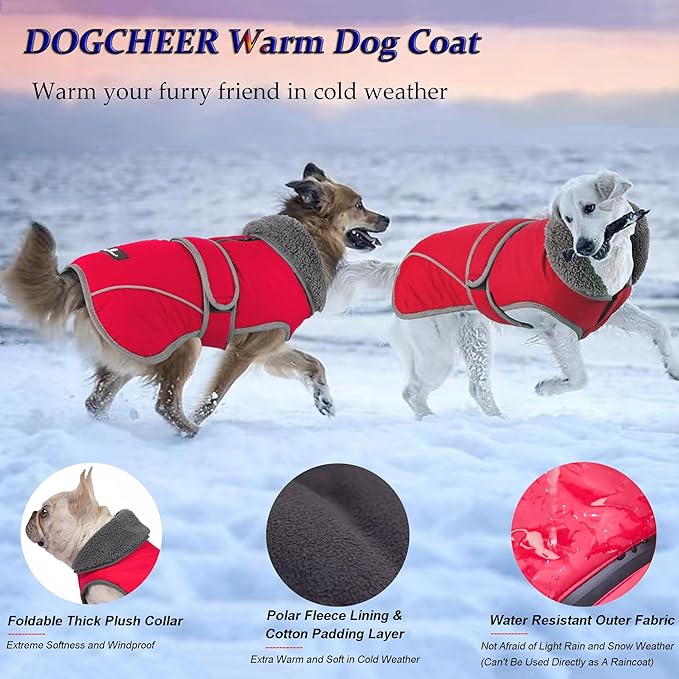 Dogcheer Dog Coat, Waterproof Dog Jacket Reflective Pet Winter Coat with Adjustable Hook & Loop, Christmas Puppy Fleece Jacket Warm Turtleneck Snowsuit for Small Medium Large Dogs - Red, 3XL