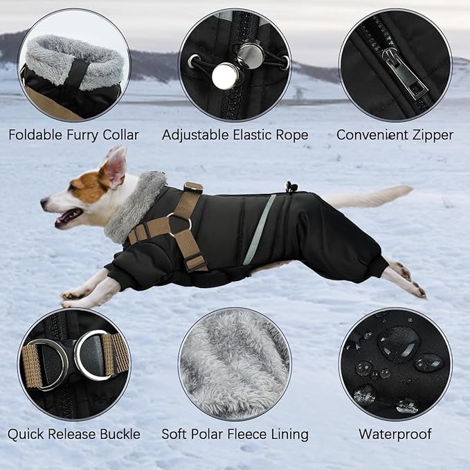BRKURLEG Black Dog Coat with Harness, Dog Winter Jacket, Dogs Onesie Body Warm Jackets, Small Dogs Winter Coats Reflective Windproof Warm Cold Weather Coats, Pet Waterproof Jacket Hiking S