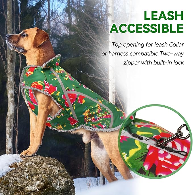 VIVAGLORY Frostfit Dog Coat, Dog Jacket for Winter & Cold Weather, Warm Fluffy Fleece Lined Water Resistant Reflective for Puppy, Coat with Velcro Fastening & Leash Hole, S, Northeast Florals-Green