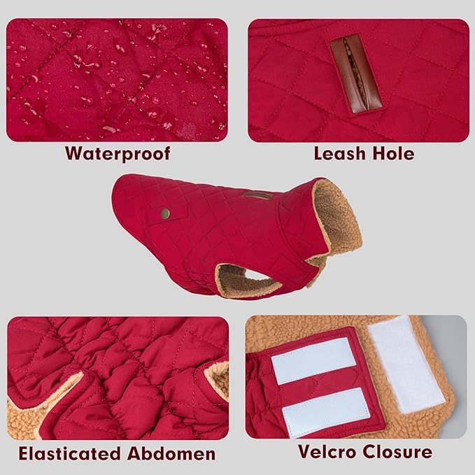 azuza Dog Jacket Waterproof & Windproof Dog Coat for Small Dogs with Thick Fleece, High Collar with Leash Hole, Adjustable Velcro & Elastic Belly, Red L
