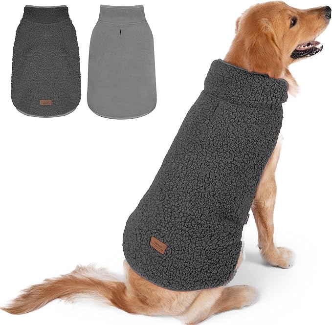 cyeollo 3XL Dog Coat, Fleece Sherpa Winter Sweater Coats, Turtleneck Dog Jacket Vest for Large Dogs with Leash Hole, Soft Reversible Pet Coats for Cold Weather, Dark Grey XXXL