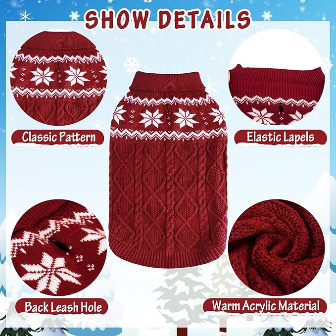 Warm Winter Pink Dog Sweater - Cold Weather Pet Clothes for Small Medium Large Dogs Indoor Outdoor, Soft Classic Knit Puppy Apparel Coat, Dark Red, XL