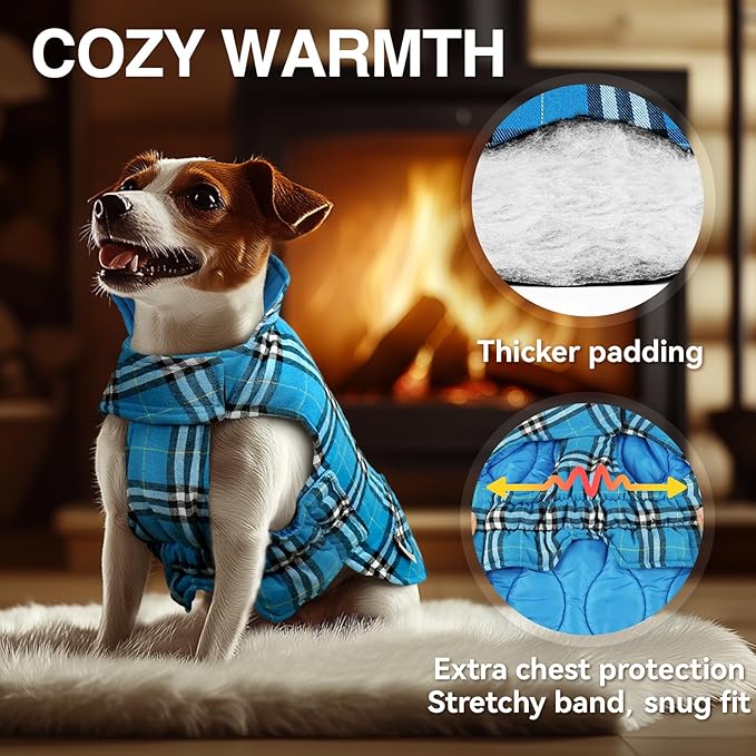 VIVAGLORY Softjoy Dog Coat, Dog Jacket for Winter & Christmas, Coat with Harness Hole & Velcro Closure, Reversible Plaid Checkered Warm Fluffy Heavy Duty for Puppy, XS, Blue