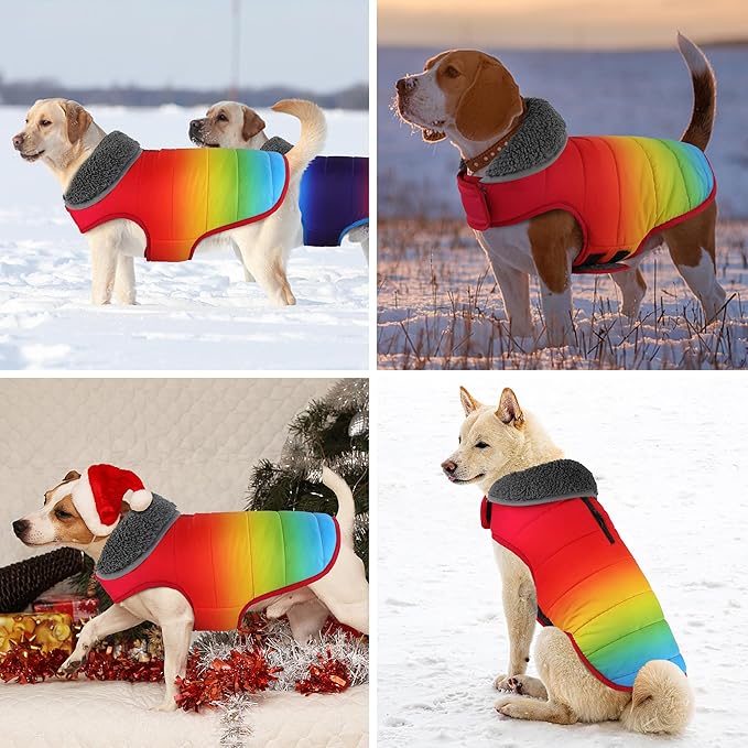 Dog Winter Coat, Waterproof Dog Jacket with Leash Hole, Reflective Adjustable Pet Snow Vest, Warm Fleece Sweater for Small Medium Large Dogs - Rainbow, L
