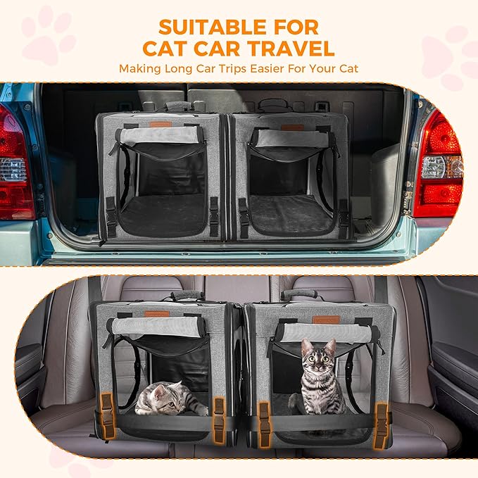 PETUX 2-in-1 Double Cat Carrier for Multiple Cats - Large Cat Travel Carrier with Litter Box, Play Tunnels, and Hammock - Portable Pet Carriers for Long Car Trips ＆ Vet Visit (34"x17"x17", Grey)