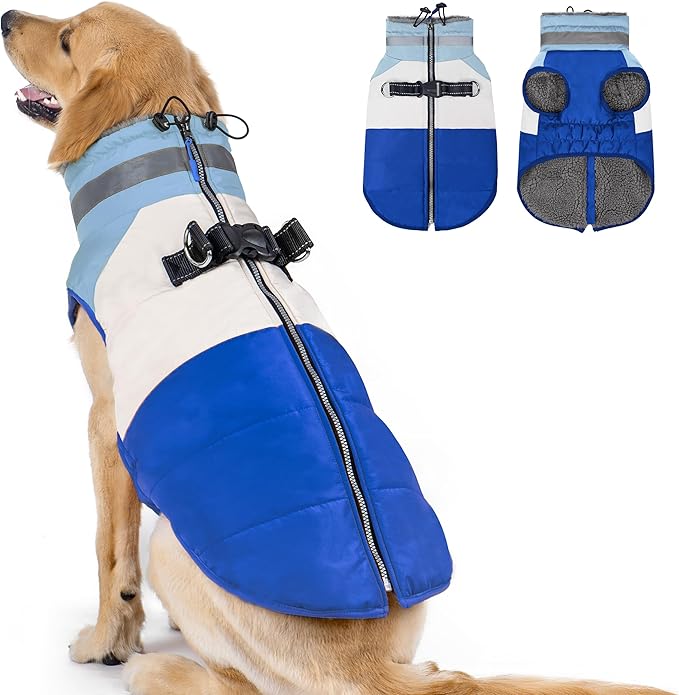 azuza Dog Coats for Large Dogs Waterproof Dog Coat with Reflective Strips and Harness Built in Warm Fleece Dogs Winter Coat Windproof with Back Zipper, Blue 3XL