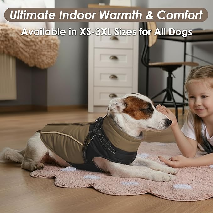 ASENKU Reflective Dog Coat with Built-in Harness, Windproof Fleece-Lined Dog Jacket for Small, Medium, Large Dogs, Warm Winter Vest with Turtleneck & Zipper (Khaki L)