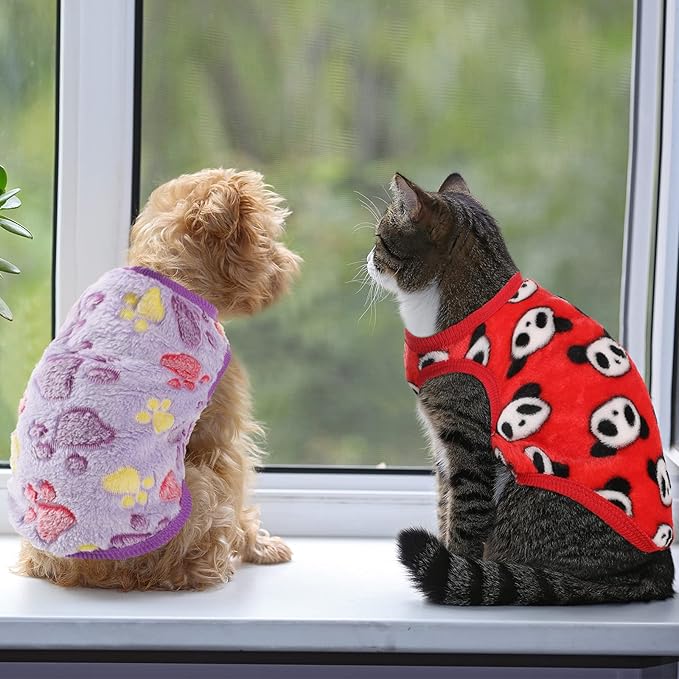 6 Pcs Puppy Clothes for Christmas Winter Warm Cute Pet Sweaters Flannel Dog Vest Paw Print Cat Clothes for Chihuahua Dachshunds Male Female Puppy(Animal Pattern,L(Body Length:13.8” Chest:17.7”))