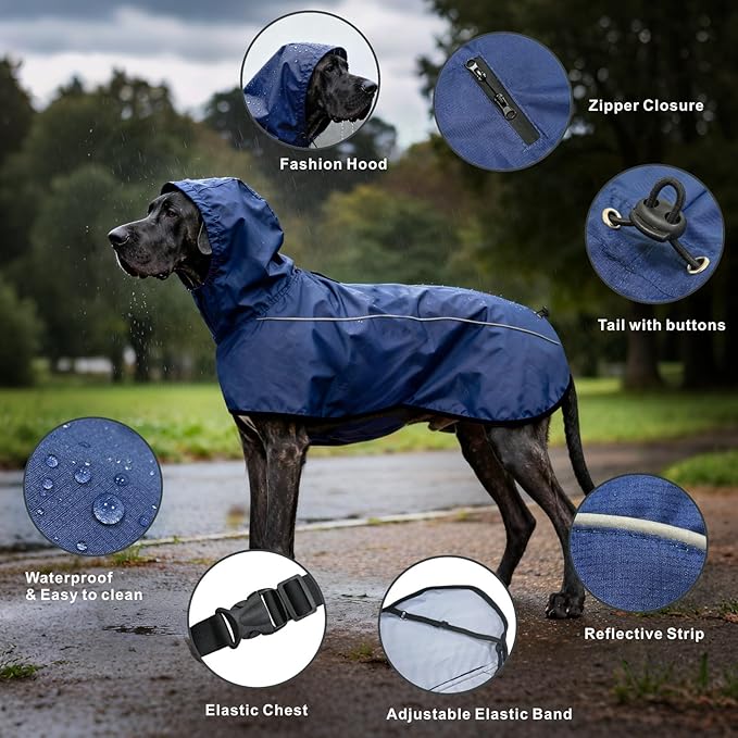 Mosucoirl Dog Raincoat Jacket Reflective Adjustable Hooded Pet Poncho Rain Coats with Leash Hole Waterproof Clothes for Small Medium Large Dogs (NavyBlue, XL)