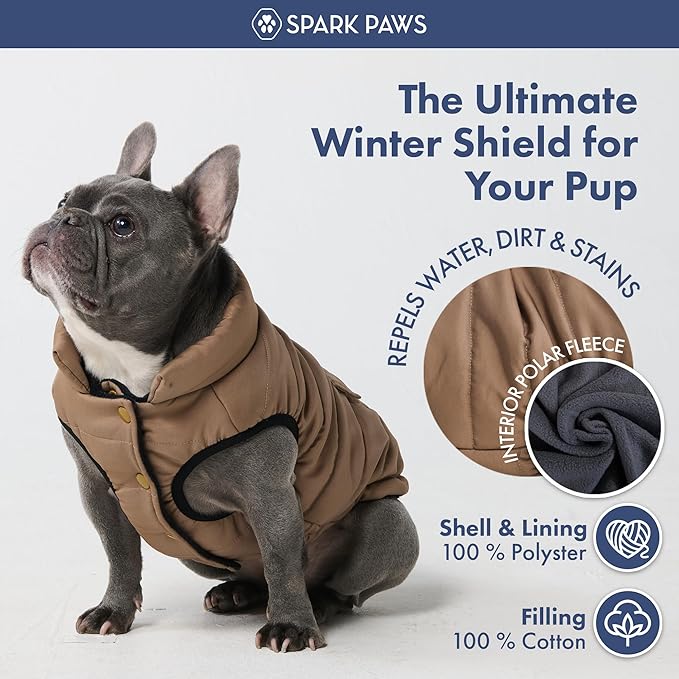 Spark Paws Dog Winter Jacket, Water-Resistant Coat, Warm Reflective Windproof Fleece-Interior, for Medium and Large Dogs - Tan - L