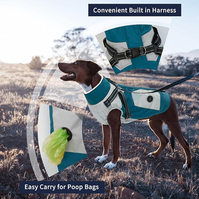 IECOii Dog Winter Coat with Harness Built in, Waterproof Windproof Dog Coats for Large Dogs, Thermal Fleece Cold Weather Jackets with Zip, Outdoor Warm Snow Jacket Reflective, Turquoise Green, XXXL