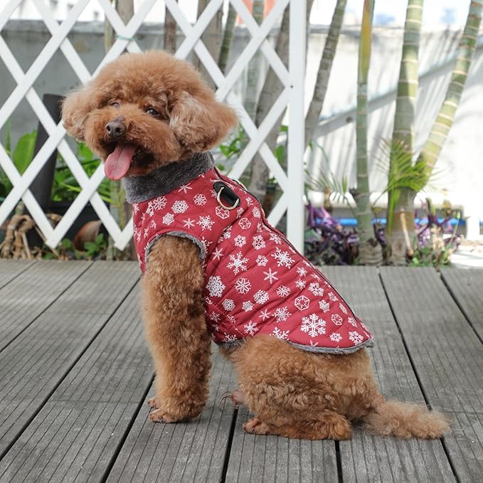 Warm Fleece Dog Coats with Durable Harness Buitl in D-Ring,Waterproof Doggie Jacket for Medium Dogs,Dog Vest for Cold Winter,Red,Snow Pattern L