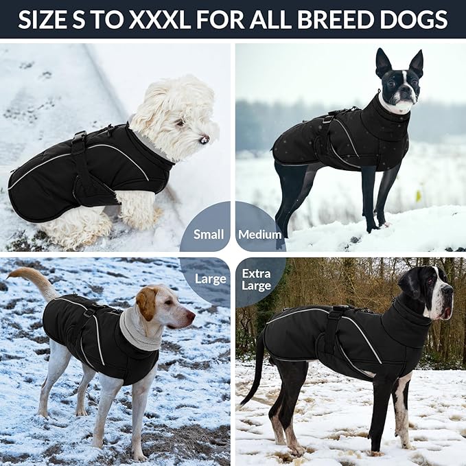 Queenmore Winter Dog Coat Warm Dog Jacket Vest Waterproof Puffer Fleece Snowsuit Adjustable Buckle Leash Hole Reflective Cold Weather Parka for Small Medium Large Dogs Girl Boy Black XXXL