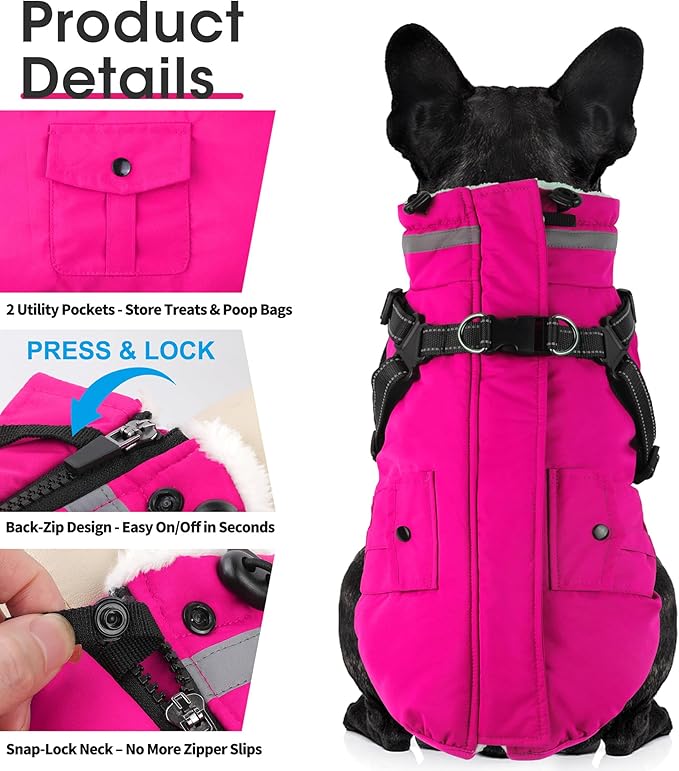 Dogcheer Dog Coat with Harness, Waterproof Warm Dog Winter Jacket with Pockets, Reflective Pet Fleece Jacket Turtleneck Snowsuit for Small Medium Large Dogs - Pink, L
