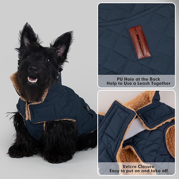 azuza Dog Jacket Waterproof & Windproof Dog Coat for Small Dogs with Thick Fleece, High Collar with Leash Hole, Adjustable Velcro & Elastic Belly, Navy L