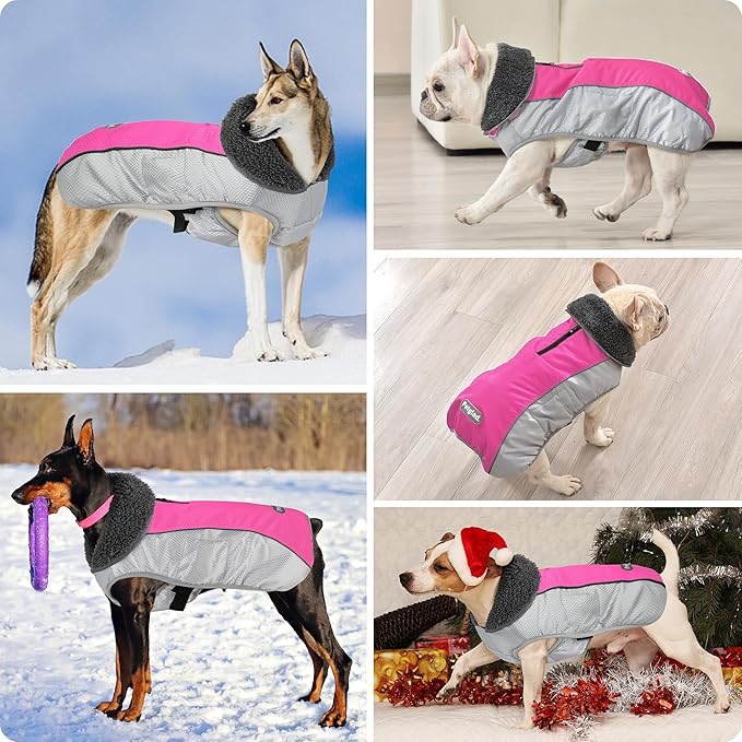 Dog Coat, Waterproof Ripstop Dog Winter Jacket with Leash Hole, Reflective Adjustable Warm Pet Fleece Snow Sweater for Small Medium Large Dogs - Pink, S